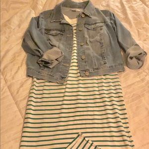Denim jacket with green stripes dress